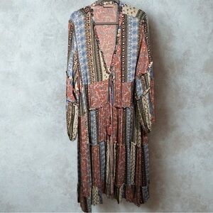 Ces Femme Full Length Patchwork Tie Front Cardigan Duster Boho Chic Size Medium